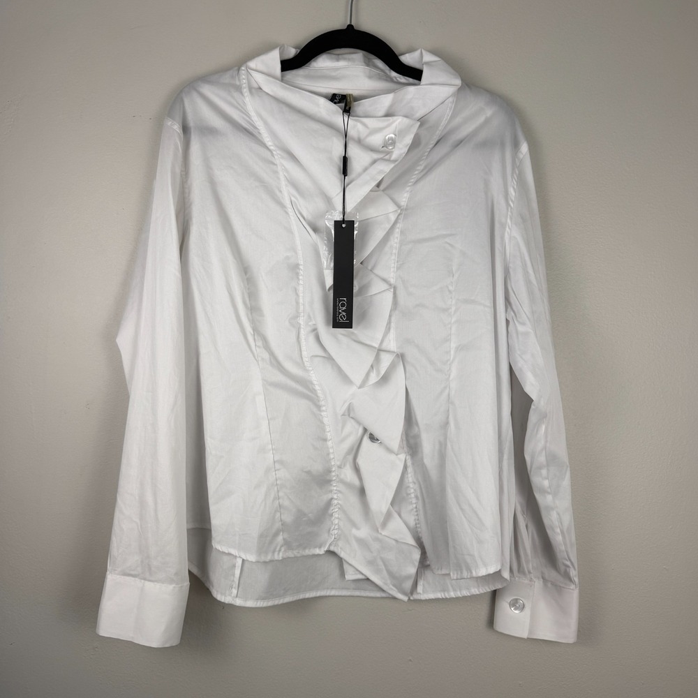 Ravel Blouse Women's XL White Cotton Blend Long Sleeve Casual Ruffle Down Front